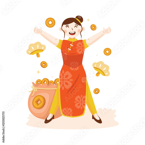 Cute Chinese girl getting gold coins vector illustration