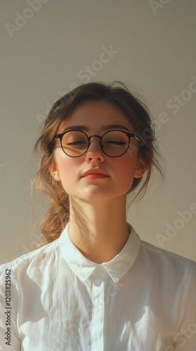 Young woman with glasses posing in a casual white shirt against a neutral bac...