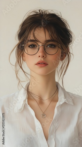 Young woman with glasses posing in a casual white shirt against a neutral bac...