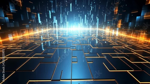 Abstract futuristic, animated background with blue and orange neon lights. IT, cyberspace, computer data transfer. Perfect for technology and cyber concepts. Virtual reality, artificial intelligence.