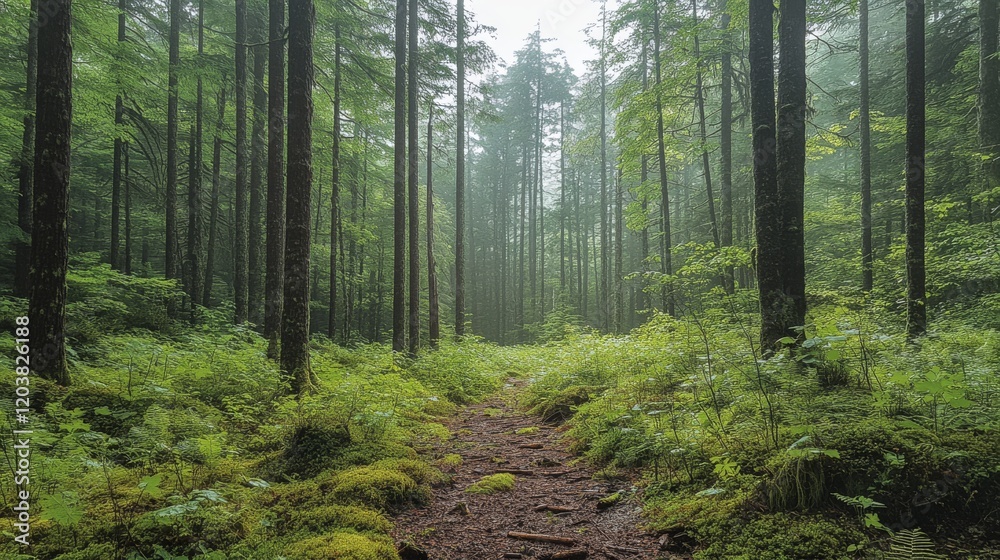 Fototapeta premium A serene path winds through a misty forest of towering green trees creating an enchanting and peaceful natural scene