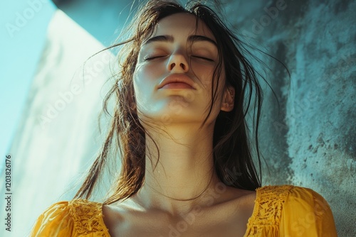 Woman in yellow dress enjoying sunlight in abandoned building during afternoon