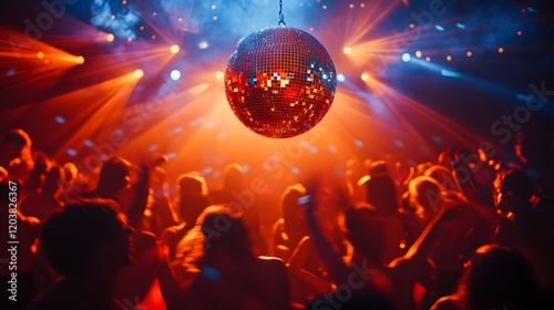 A disco ball casting shimmering reflections across a lively dance floor packed with energetic dancers.