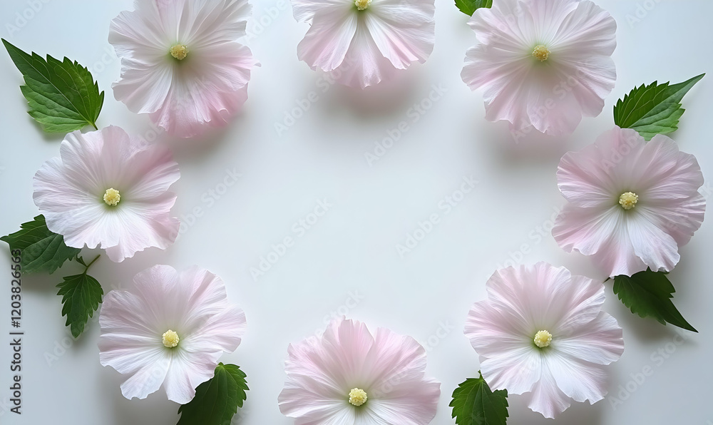 Naklejka premium Pink flowers frame, white background, nature, design