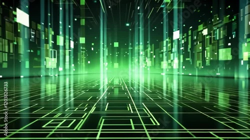 Abstract futuristic, animated background with green neon lights. IT, cyberspace, computer data transfer. Perfect for technology and cyber concepts. Virtual reality, artificial intelligence.