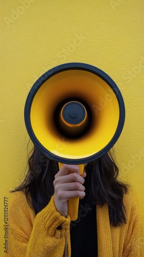 Activist during rally holding megaphone in a busy urban park with trees in th...