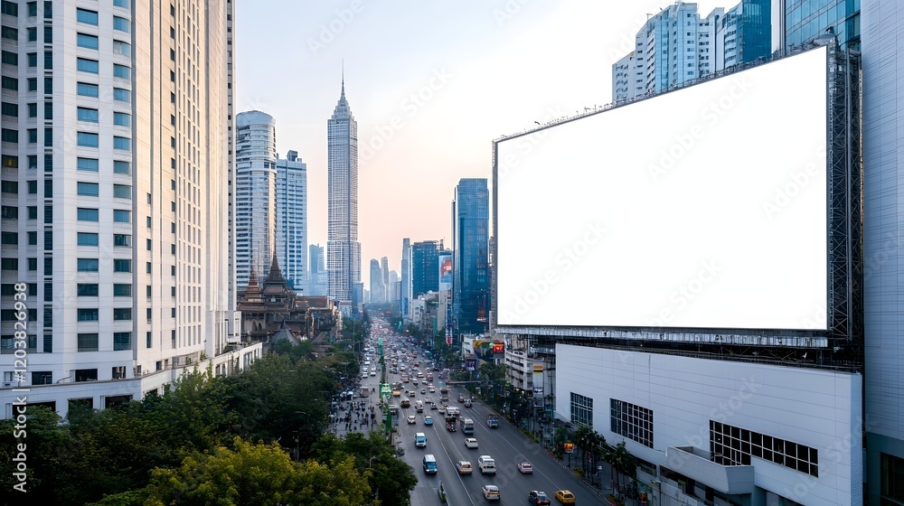 Blank Billboard on Modern High-Rise Building in Bustling City Skyline