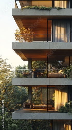 Modern residential building with green terraces and city skyline in the backg...