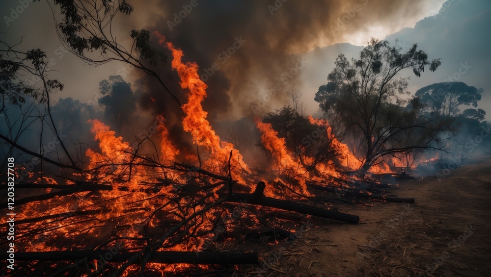 A dramatic scene of a wildfire with intense flames engulfing trees and smoke billowing into the sky, highlighting the power of nature's destructive force. A dramatic scene of a wildfire with intense flames engulfing trees and smoke billowing into the sky, highlighting the power of nature's destructive force.