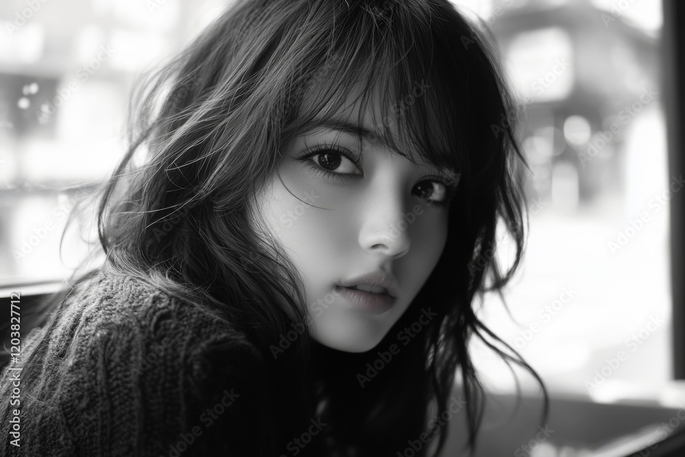 Naklejka premium Black and white portrait of a woman looking away in thought