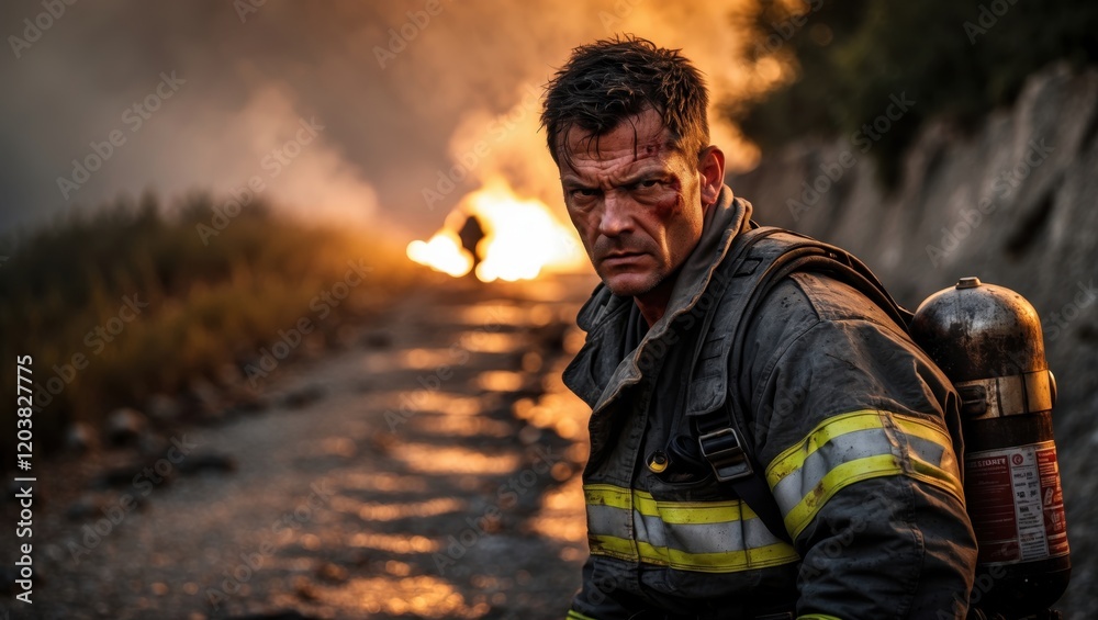 A firefighter looks determined amidst a blazing backdrop, showcasing bravery and resilience in the face of danger. A firefighter looks determined amidst a blazing backdrop, showcasing bravery and resilience in the face of danger.