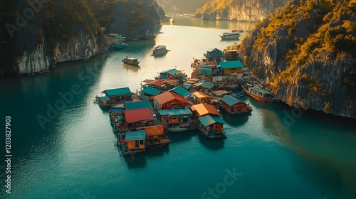 A colorful floating village on the emerald waters of Lan Ha Bay surrounded by towering limestone islands.