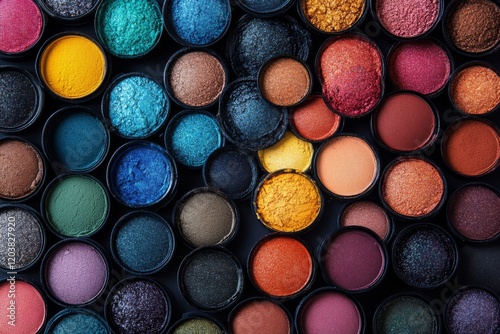 Colorful arrangement of various paint palettes displayed in a circular patter...