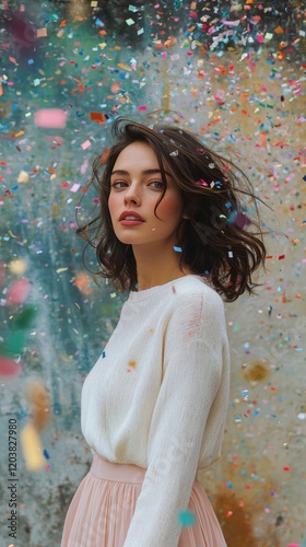Woman enjoying a colorful celebration under a bright blue sky with confetti f...