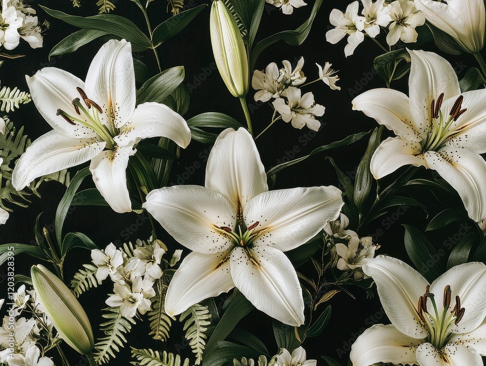 Fototapeta premium A seamless floral pattern of glowing lilies and radiant ferns, set against a soft, dark background. Each element pulses gently with bioluminescent hues, creating a calming effect. 
