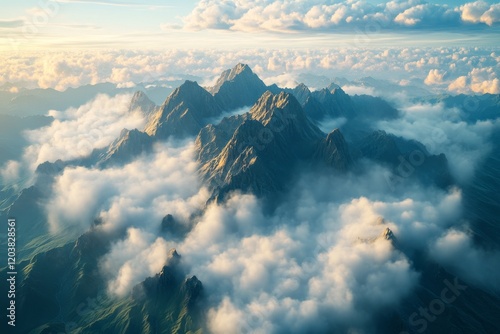 Majestic mountain peaks rise above clouds under a colorful sky at sunrise