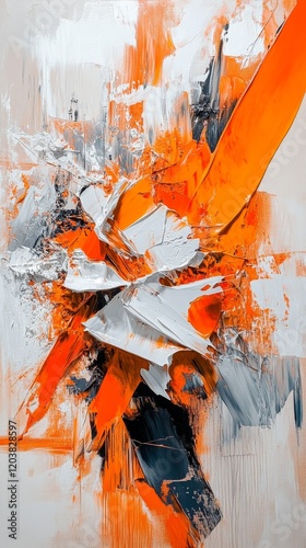 Vibrant abstract artwork featuring bold orange and grey brushstrokes with con...