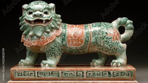 Close-up studio shot of a vintage green Chinese Foo Dog statue with a decorative base