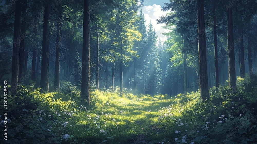 Fototapeta premium A captivating forest scene with sun rays filtering through tall trees and illuminating a path amidst lush foliage and delicate wildflowers creating an enchanting woodland ambiance