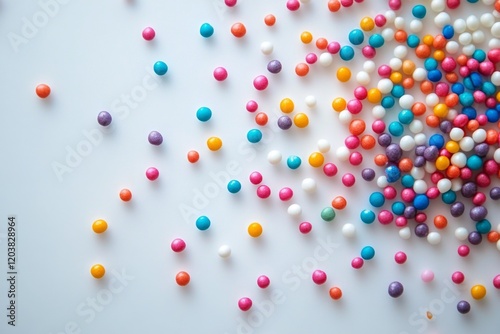 Scattered colorful candy balls on a white background