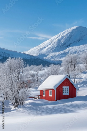 A lonely red house is tucked away in a quiet winter wonderland, with snow-covered chalets scattered across the deep snow.