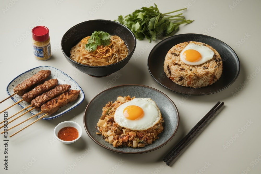 Asian Cuisine Food Platter With Noodles Rice And Skewers Asian Cuisine Food Platter With Noodles Rice And Skewers