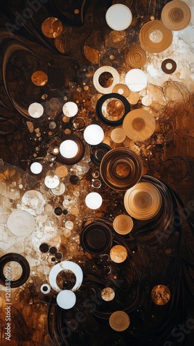 Geometric abstract art featuring circles in earthy tones on a dark background