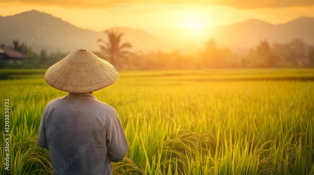 Fototapeta premium A farmer in a straw hat tending to a lush rice field under the golden light of sunrise.