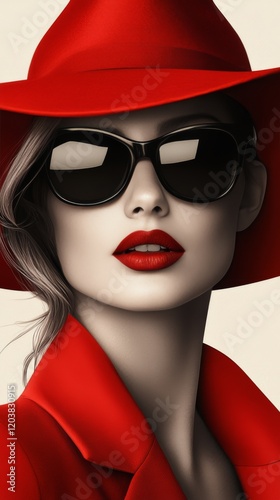 Confident woman in a red hat and oversized sunglasses poses against a colorfu...