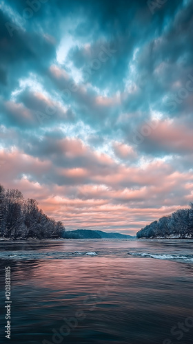 Frozen river under colorful sky