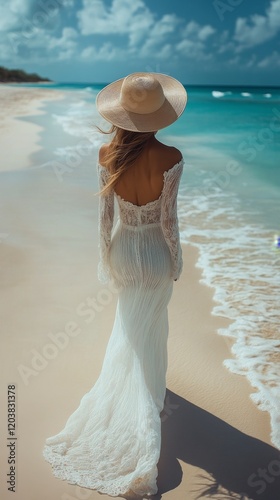 Woman in white dress walks along the beach under a bright blue sky with ocean...