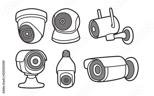 black and white vector, various CCTV security cameras