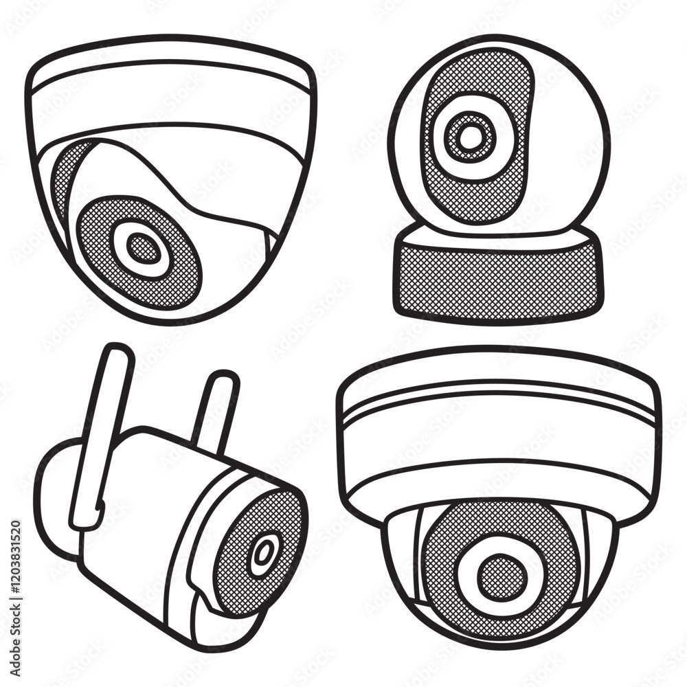 black and white vector, four CCTV security cameras black and white vector, four CCTV security cameras