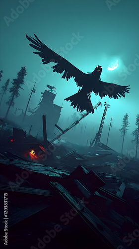 Raven flying over post-apocalyptic landscape at night photo