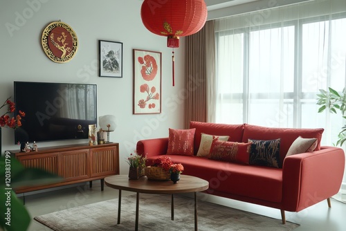 a wide angle of modern chinese new year decoration living room, red sofa, with some chinese new year decoration on wall, red lantern