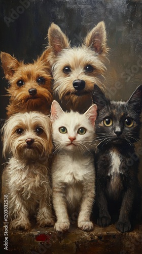 Four adorable pets cuddle together, showcasing friendship and warmth on a coz...