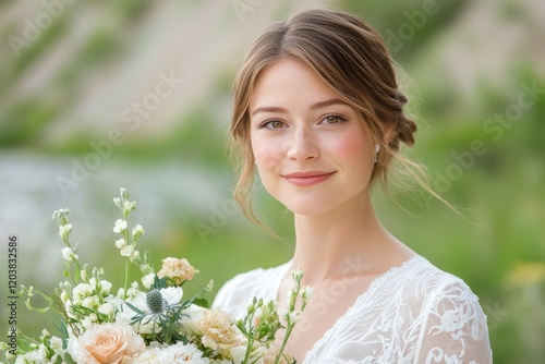 Elegant bride holding a vibrant bouquet in a soft floral setting during daytime