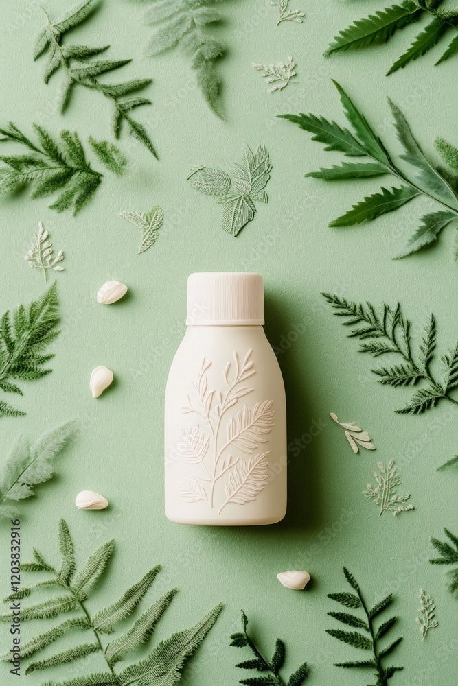 Creamy lotion bottle on a green background with fern accents. Botanical beauty product. Creamy lotion bottle on a green background with fern accents. Botanical beauty product.