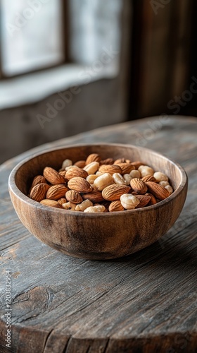 Variety of nuts arranged in a wooden bowl on a rustic table