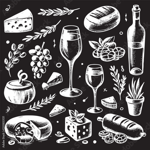 chalk food illustrations, wedding dinner icons, wine or champagne glass, cheese, and charcuterie drawings for wedding invitations, cafe menus, and parties. La dolce vita italian sketch style.