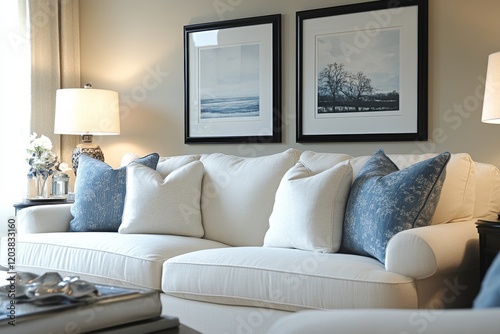 Modern living room with stylish white sofa, decorative pillows, and contempor...