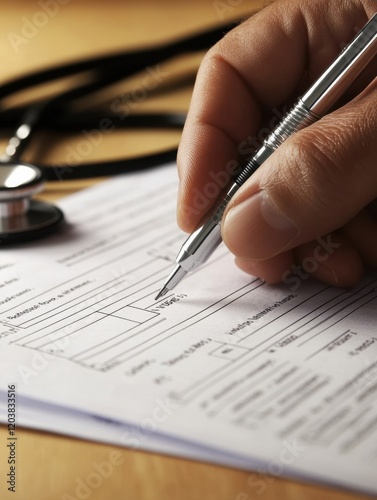 Filling out a medical form with attention to detail at a healthcare facility. Generative AI