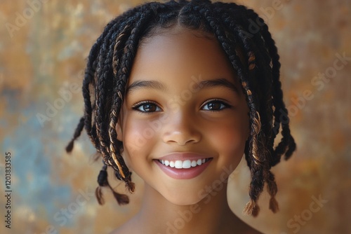 Smiling girl with braided hair in a warm sweater in a grassy field during gol...