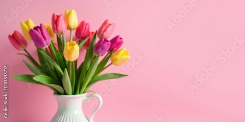 Wallpaper Mural A vibrant bouquet of multicolored tulips in a classic white vase, against a soft pink background, evokes feelings of springtime joy and cheerful celebration. Torontodigital.ca