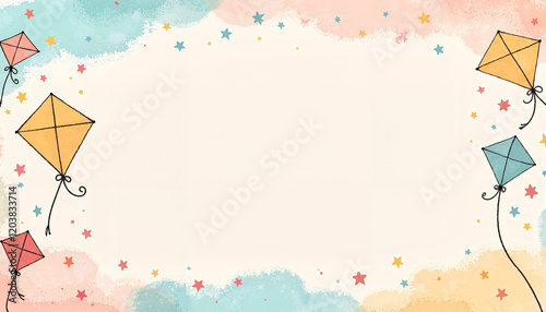 Whimsical kite-themed illustration with pastel colors and blank space for text, copy space