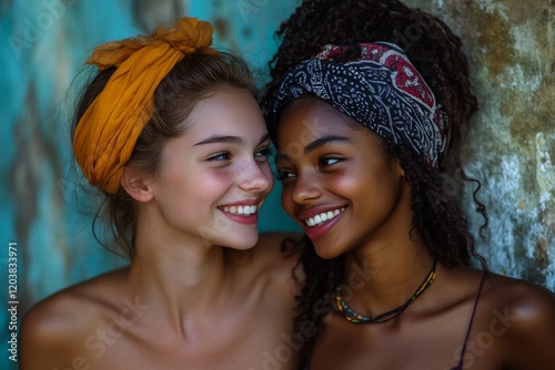 Two friends sharing a joyful moment with close smiles and warm expressions in...