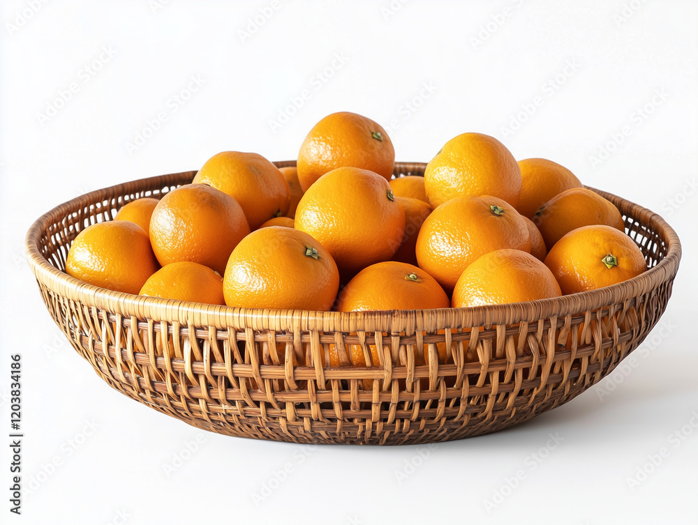 A woven basket brimming with oranges, isolated on a pure white background. The rich, golden color of the oranges signifies good fortune A woven basket brimming with oranges, isolated on a pure white background. The rich, golden color of the oranges signifies good fortune