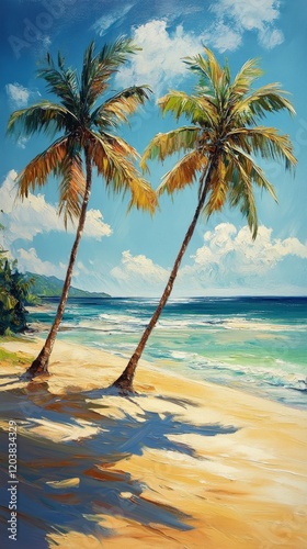 Sunlit beach with palm trees swaying in the warm breeze near tranquil ocean w...