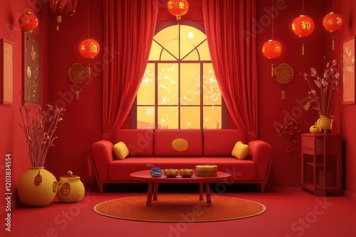 3D rendering of a cartoon-style Chinese interior scene with red walls and curtains