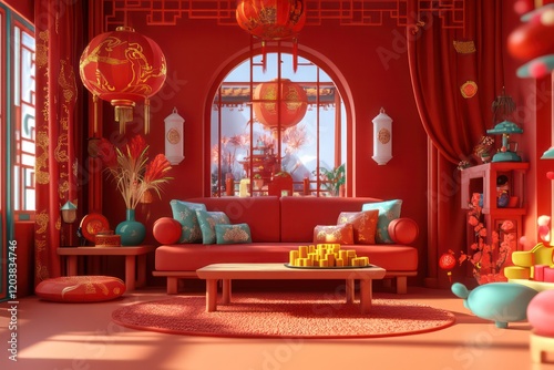 3D rendering of a cartoon-style Chinese interior scene with red walls and curtains